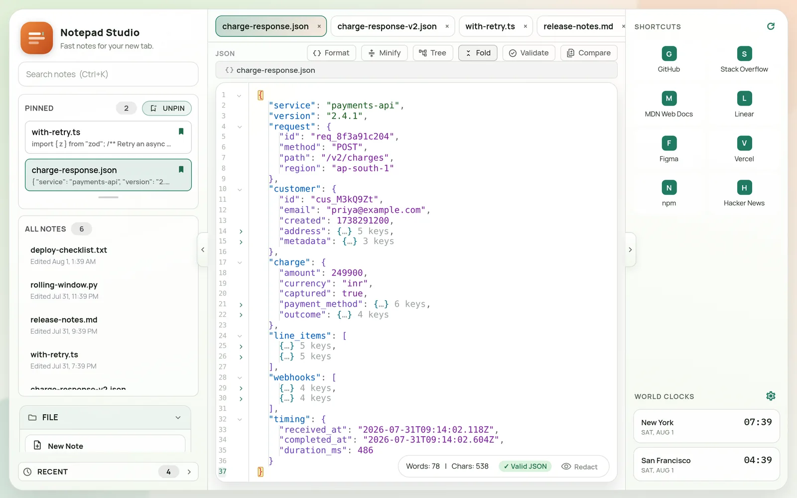 Notepad New Tab open on a formatted JSON payload, with the tree view panel expanded on the right and the note list in the sidebar.