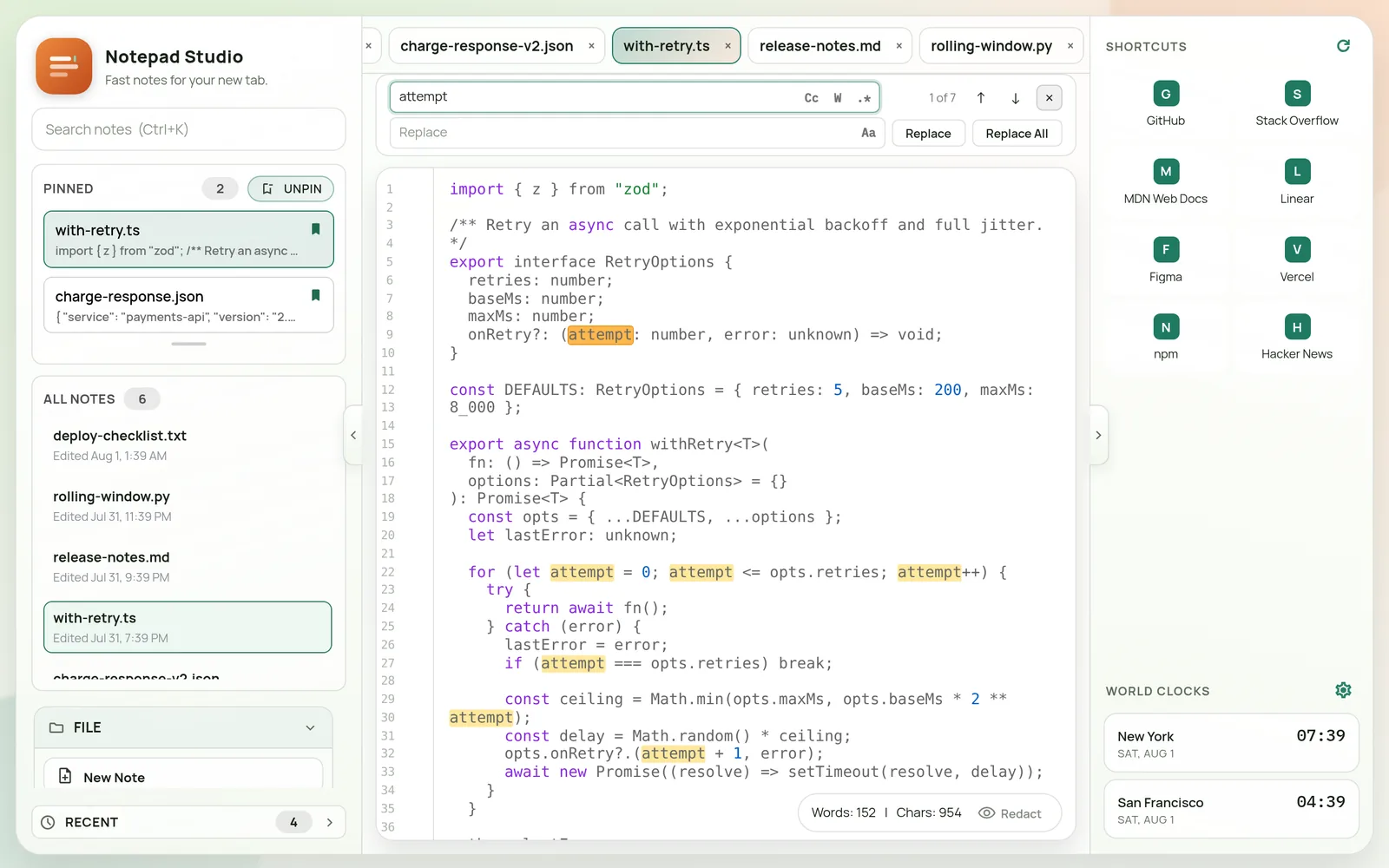 TypeScript file with syntax highlighting and the find and replace panel showing 1 of 7 matches.