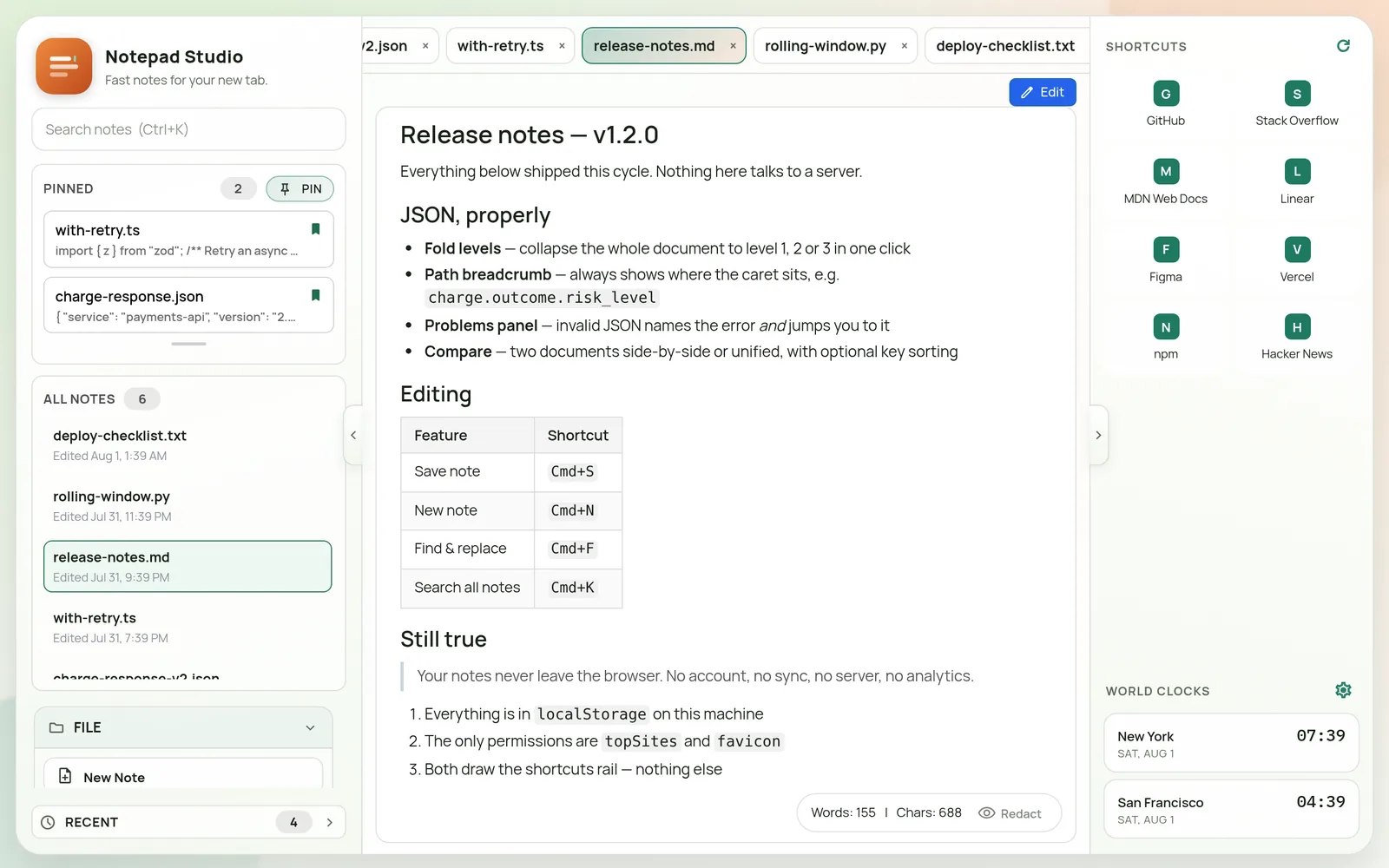 A markdown release-notes file rendered as formatted preview with headings, a table and a blockquote.