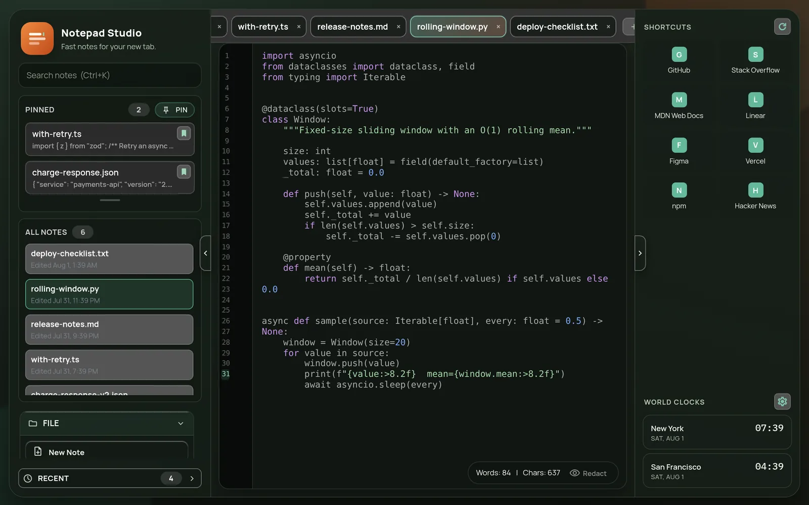 Dark theme showing a Python file with syntax highlighting, the shortcuts rail and world clocks.