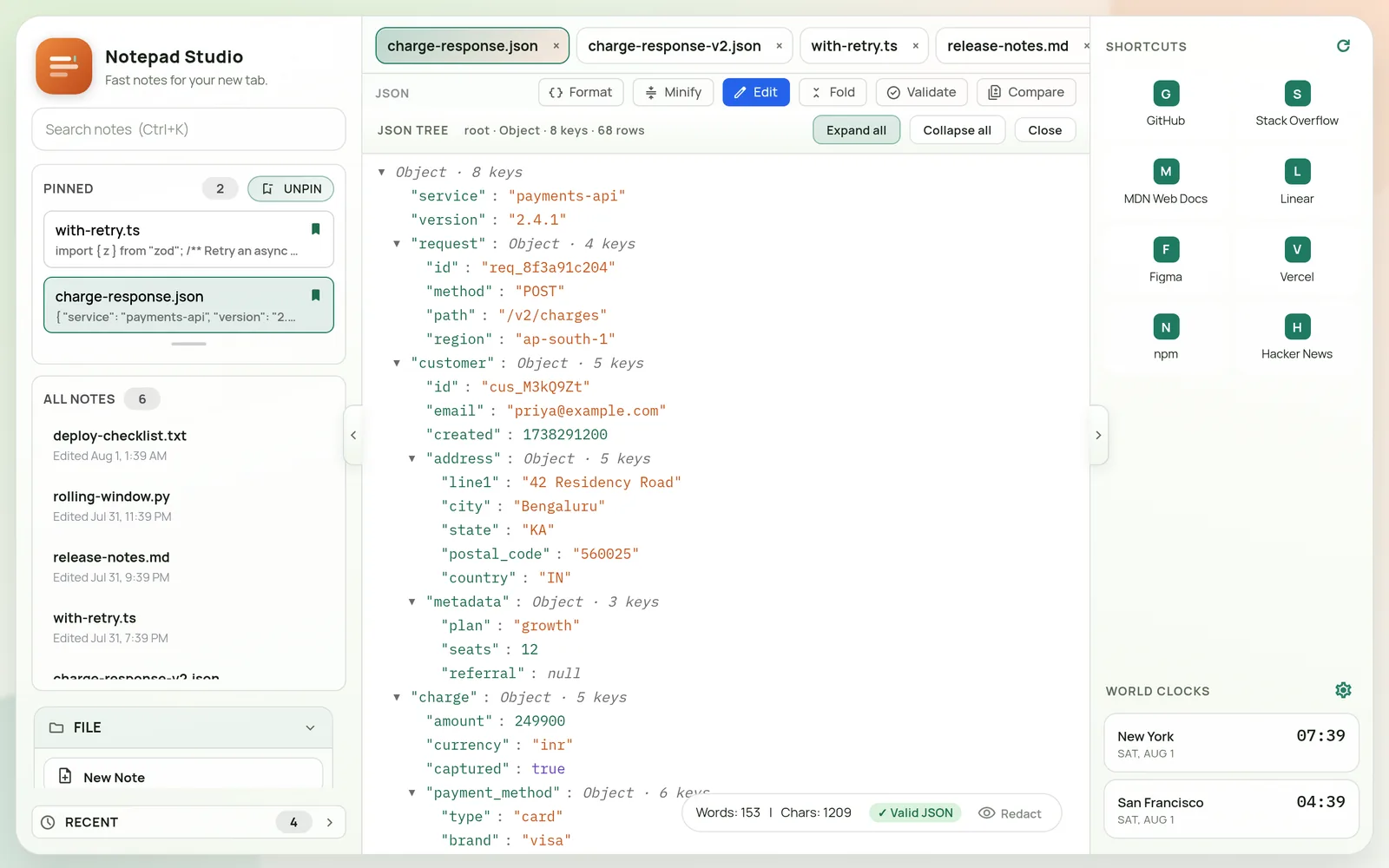 JSON tree view listing the document's top-level keys with types and child counts.